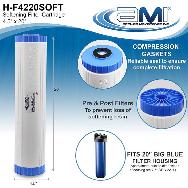 APPLIED MEMBRANES INC. Water Softening Filter Cartridge | 4.5" x 20" to fit 20" Housing | Ion Exchange Filter Softens Water | Great for Washing Machines and Appliances (4.5 x 20) - Image 2